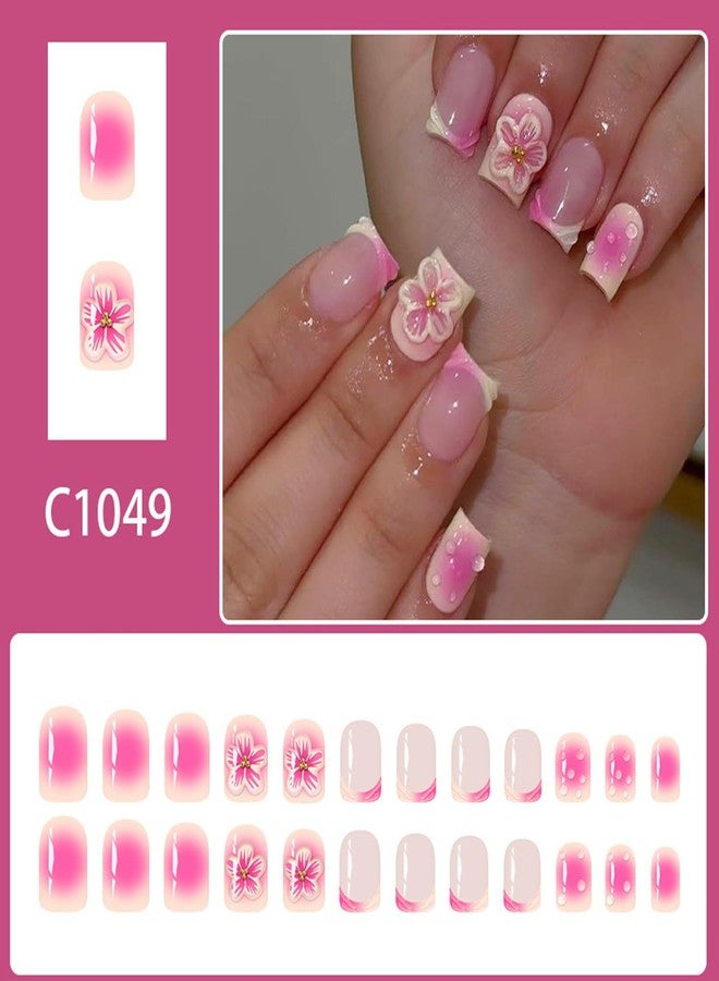 Vopintpy 3D Flower French Tip Press on Nails Blush Gradient Fake Nails Cute Short Square Acrylic Glue on Nail Glossy Full Cover Artificial Stick on Nail for Women DIY Manicure - Image 2
